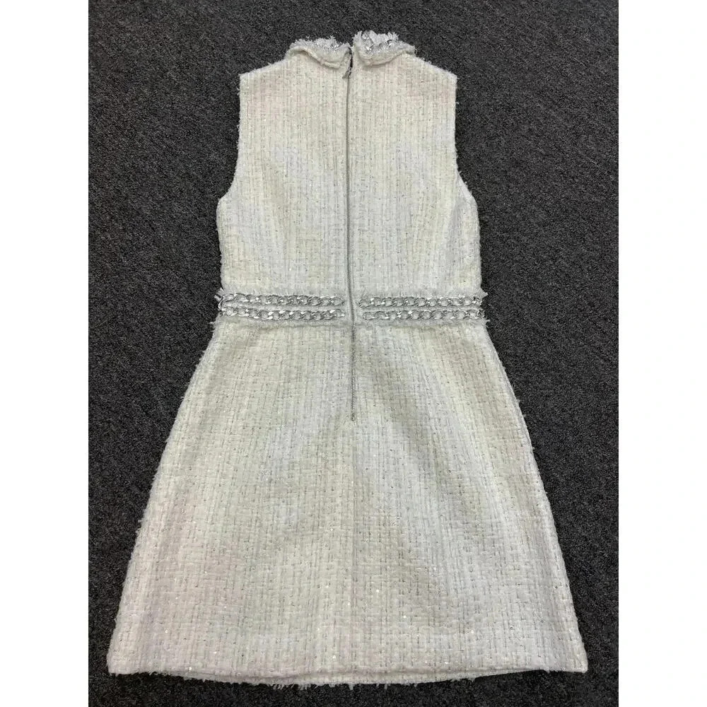 Alice + Olivia Womens White Ellis Chain Trim Tweed Collared Mini Dress S… - Picture 13 of 16